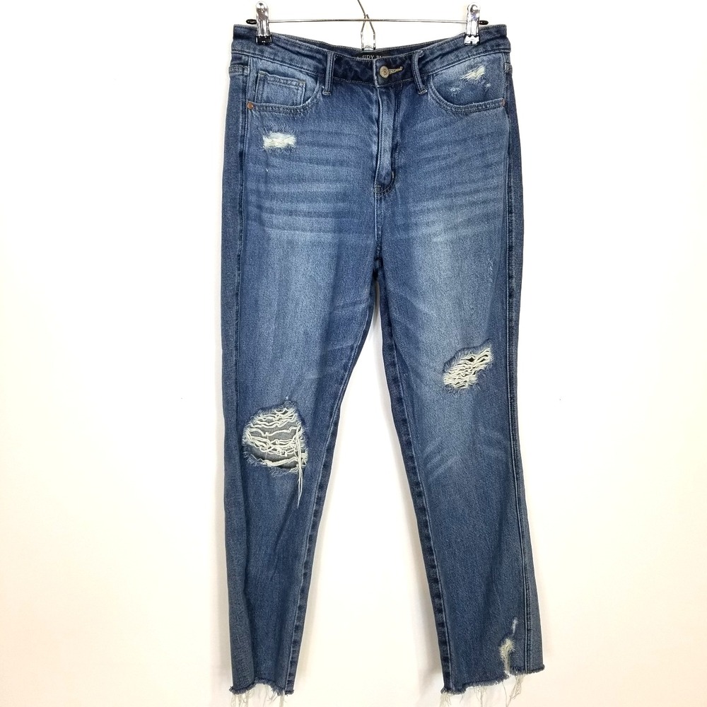 Judy Blue Women Straight Distressed Jeans Sz 27‎ Blue Denim High Rise Raw Hem